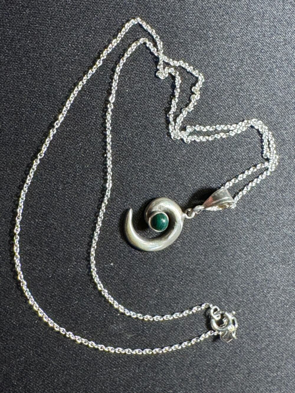 Navajo 925 Sterling Lowell Draper Spiral Wave Cabochon Malachite 19in Necklace